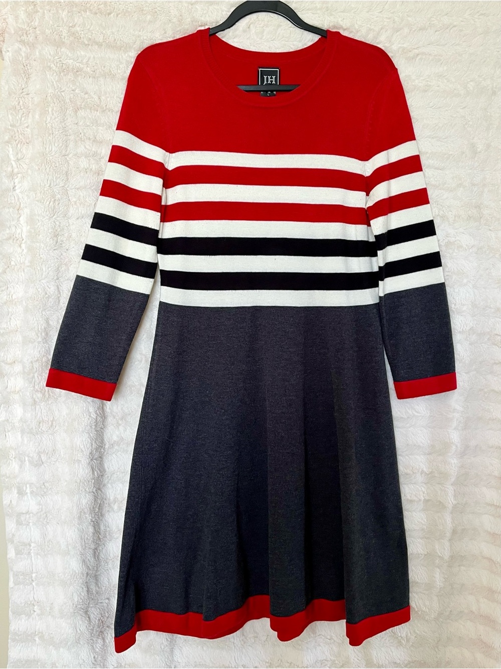 Jessica Howard Red & Gray Striped Knit A-Line Dress (Size L)